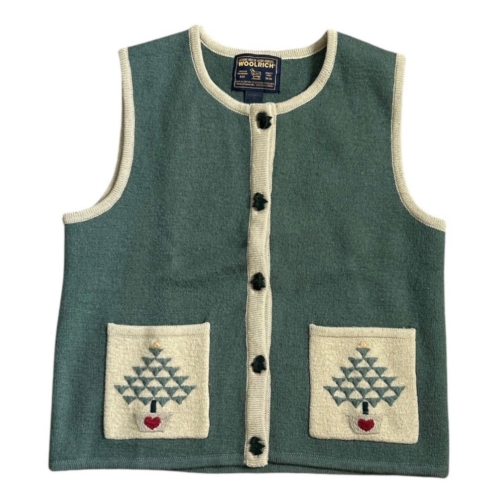Vintage Woolrich Cardigan Vest Women's Medium Geometric Christmas Tree